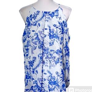 BCX Sleeveless Halter Top Blue & White Floral W/back Button Closure. Women's XL